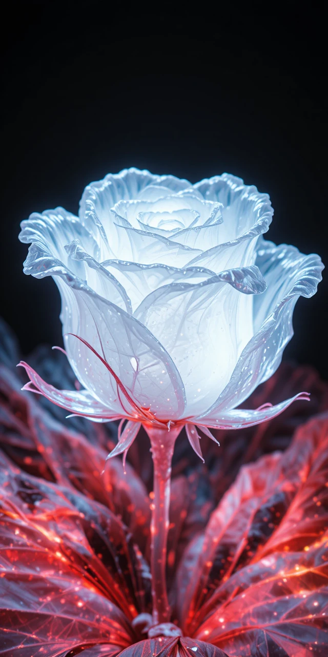 Rosa bianca luminosa su sfondo nero astratto e scuro