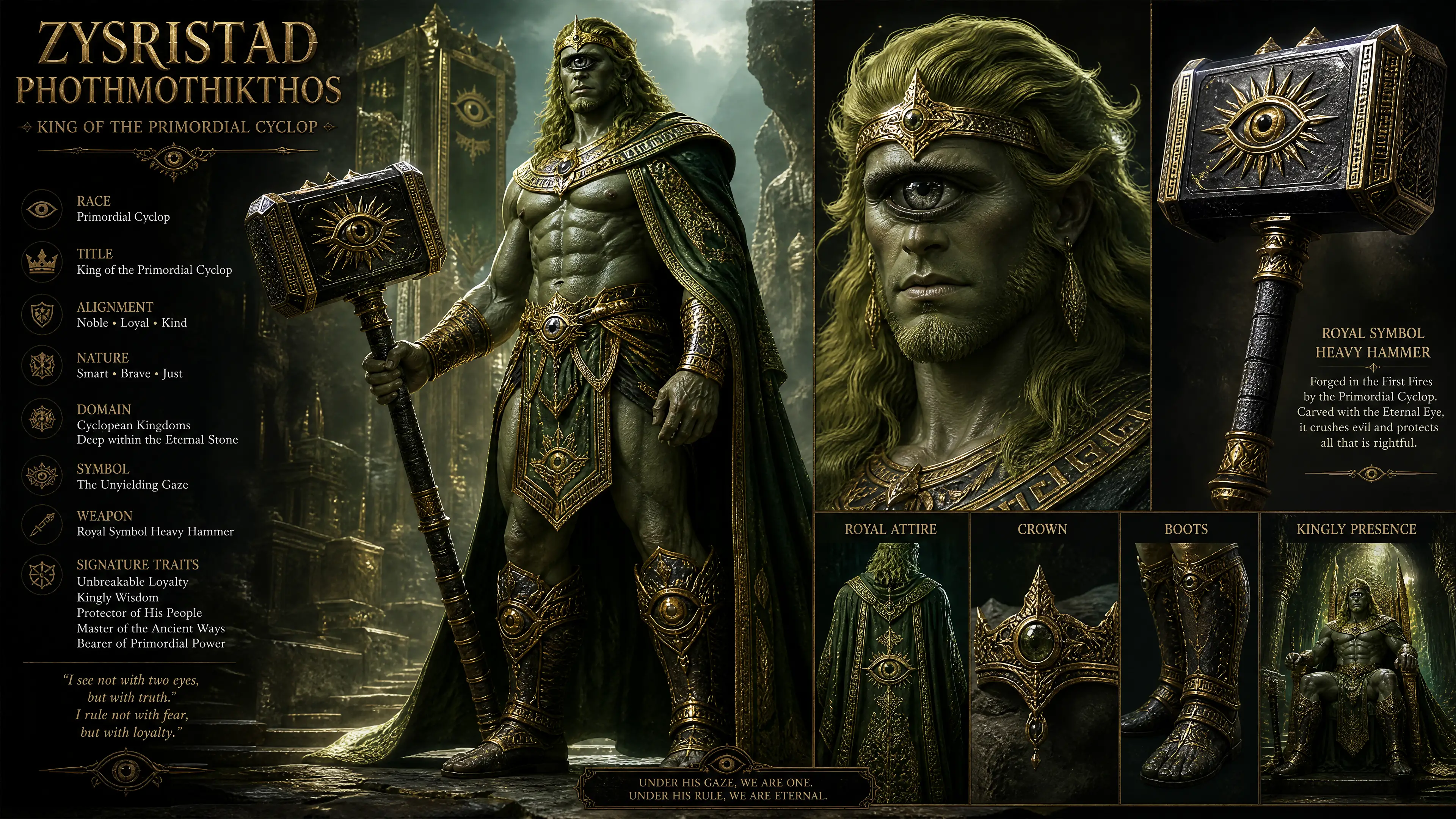 Noble primordial cyclops king with green gold hair and hammer