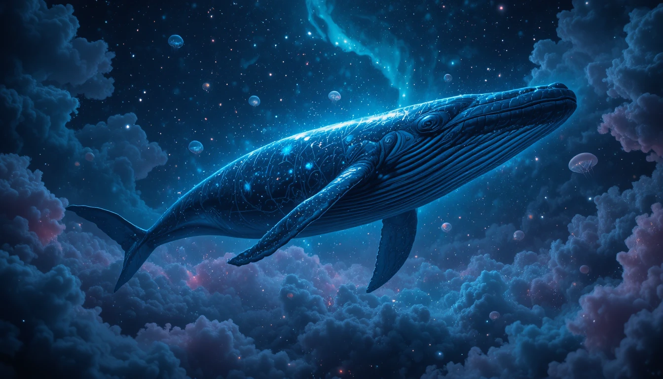 Baleia cósmica deslizando por nuvens em uma noite estrelada