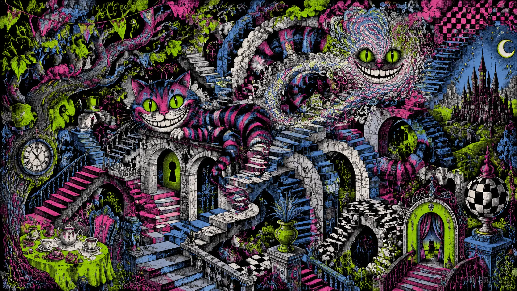 Striped fantasy cat twisting through surreal floating staircases