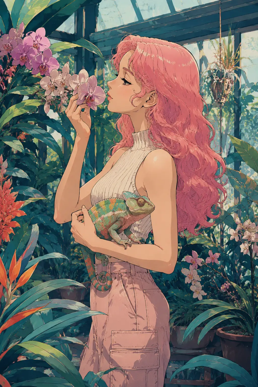 茂密玻璃溫室中的變色龍與動漫女子