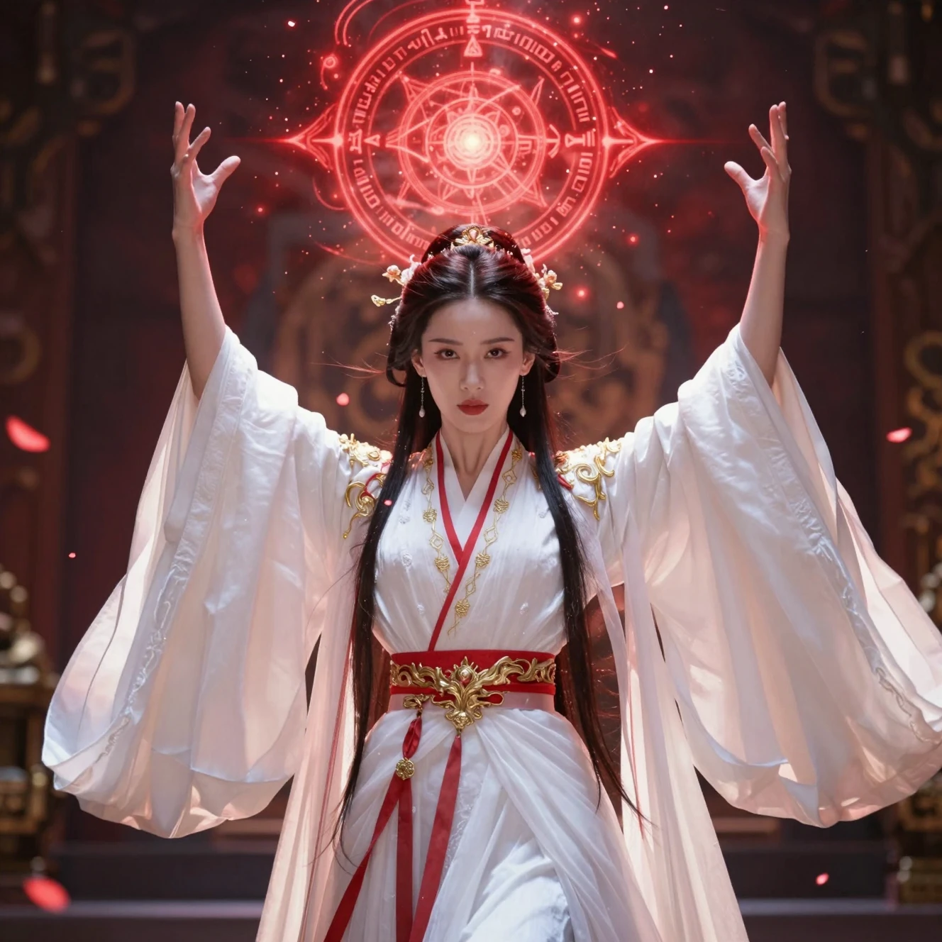 East Asian sorceress raising magic beneath glowing red sigil