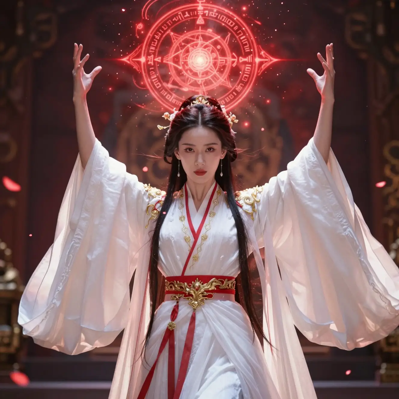 東亞女巫在發光紅色符印下施展魔法