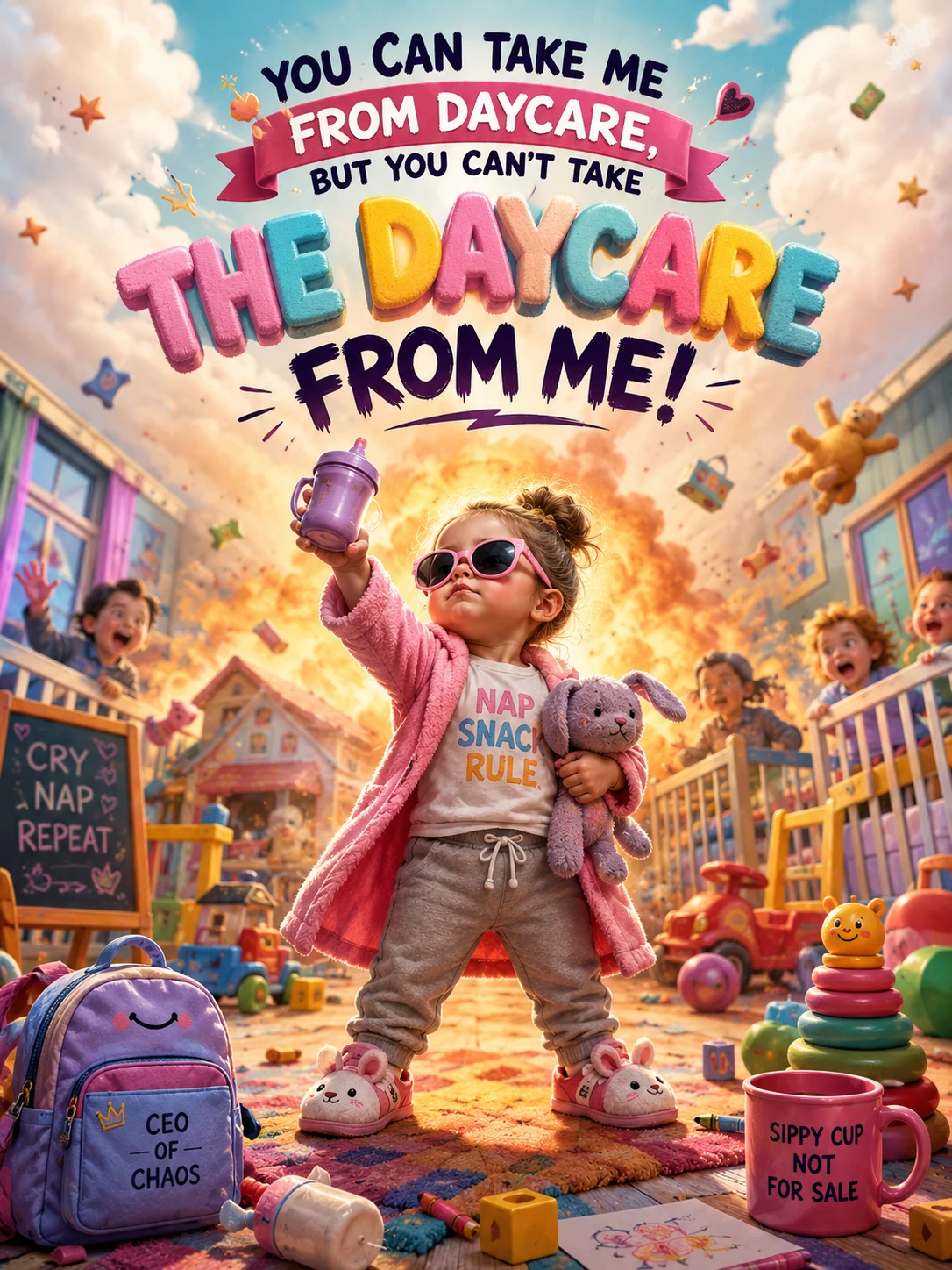 Frase divertida de guardería en una ilustración de póster colorido