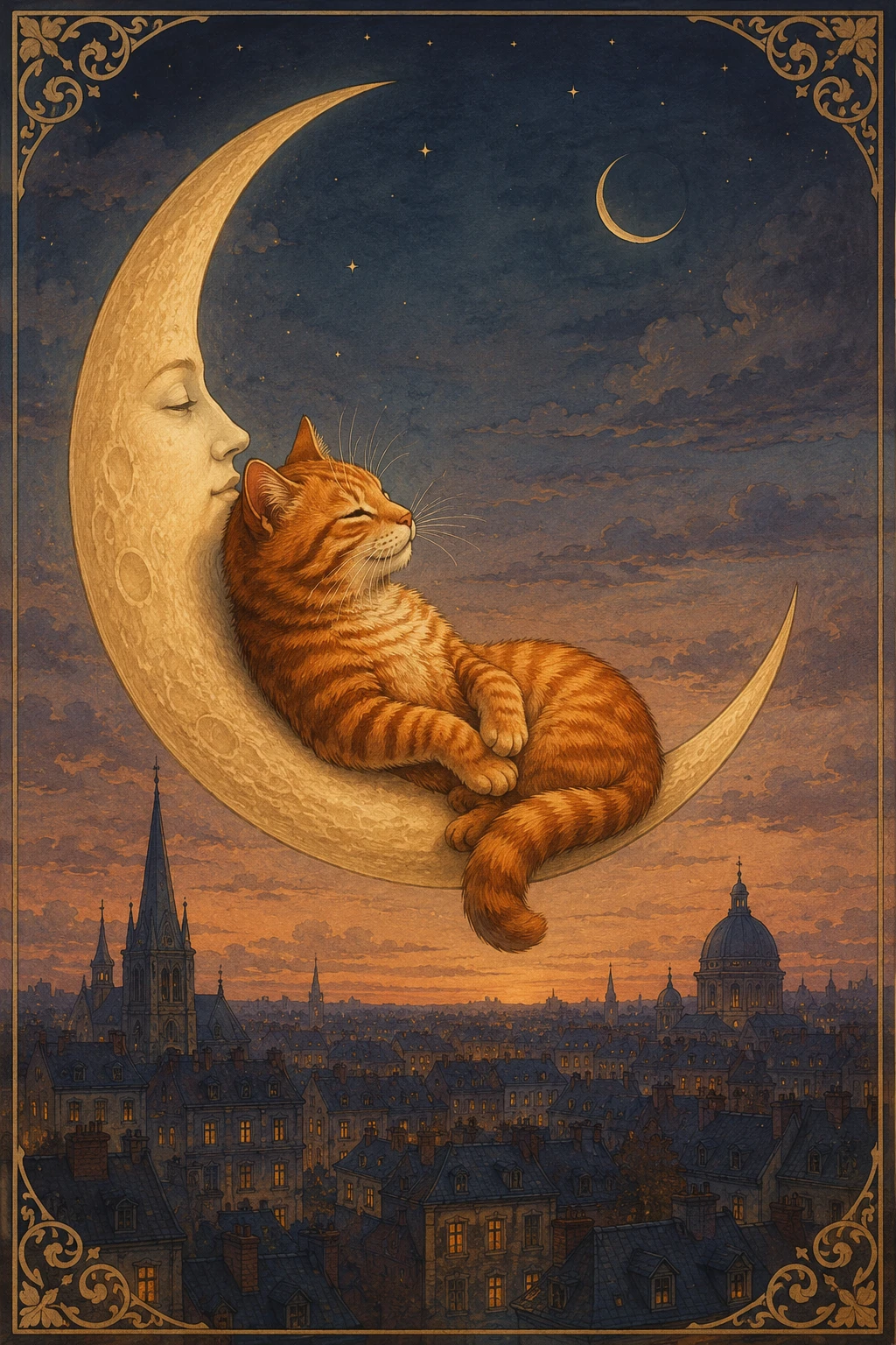 Orangener Tabby-Fantasy-Kater, der auf einer Mondsichel ruht