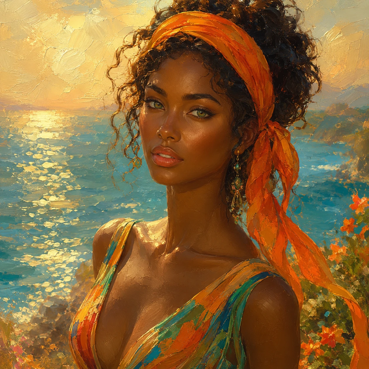 Femme au bandeau orange rayonnant au bord de l’océan