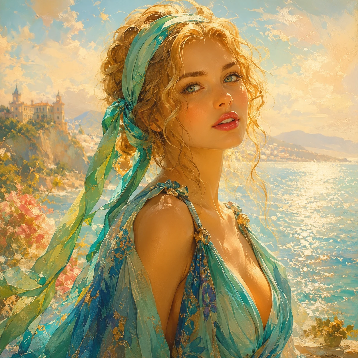 Mujer rubia soñadora junto al mar con vestido drapeado turquesa