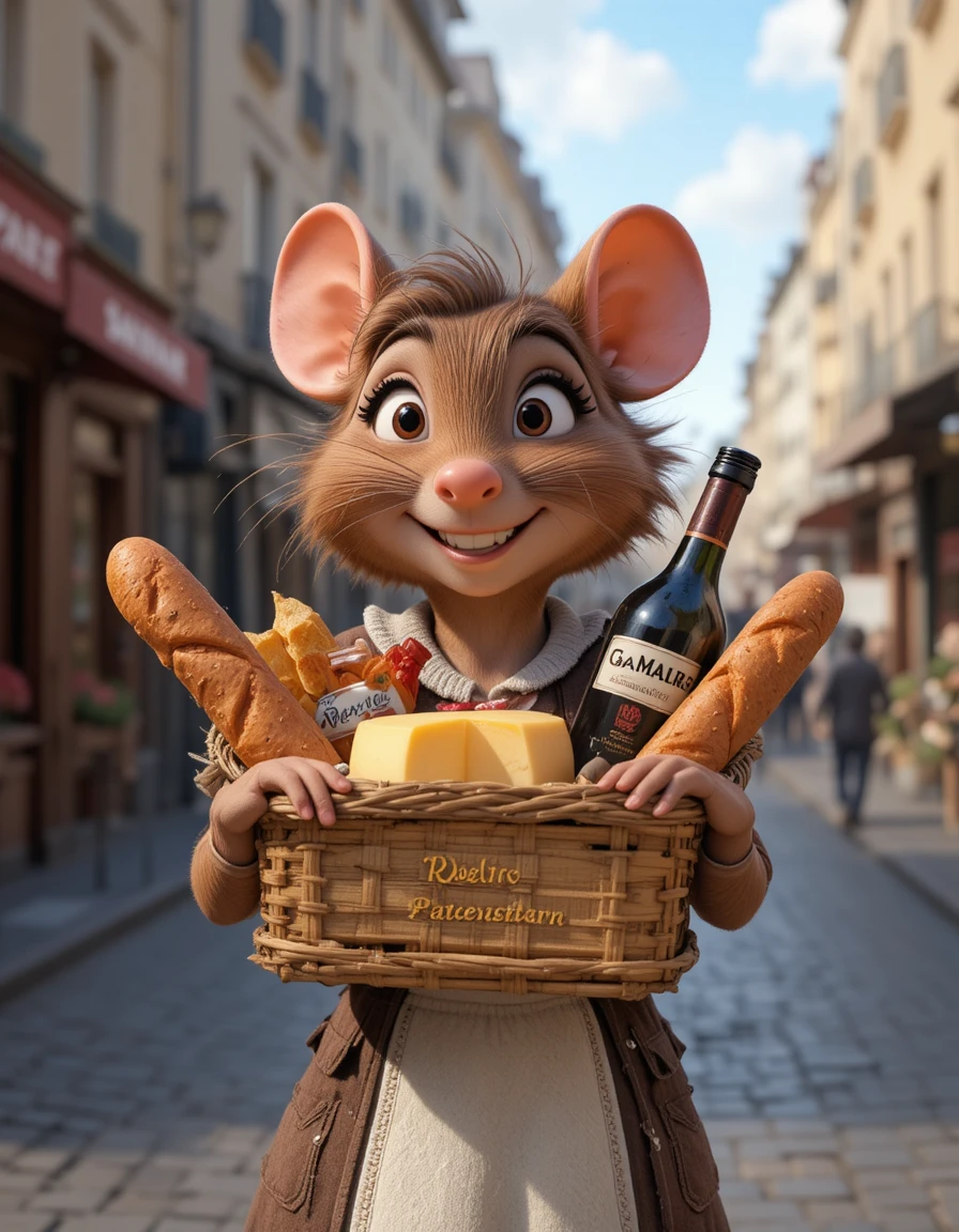 Rato francês voltando do mercado em rua parisiense