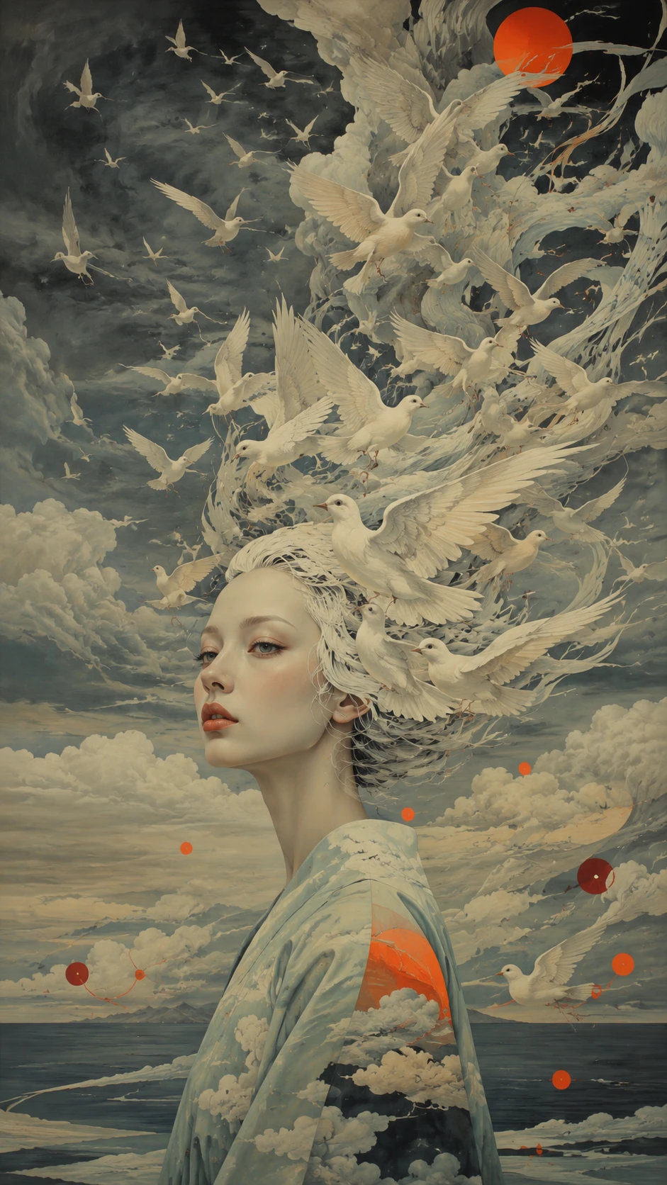 Mulher surreal com pássaros como cabelo sob céu tempestuoso