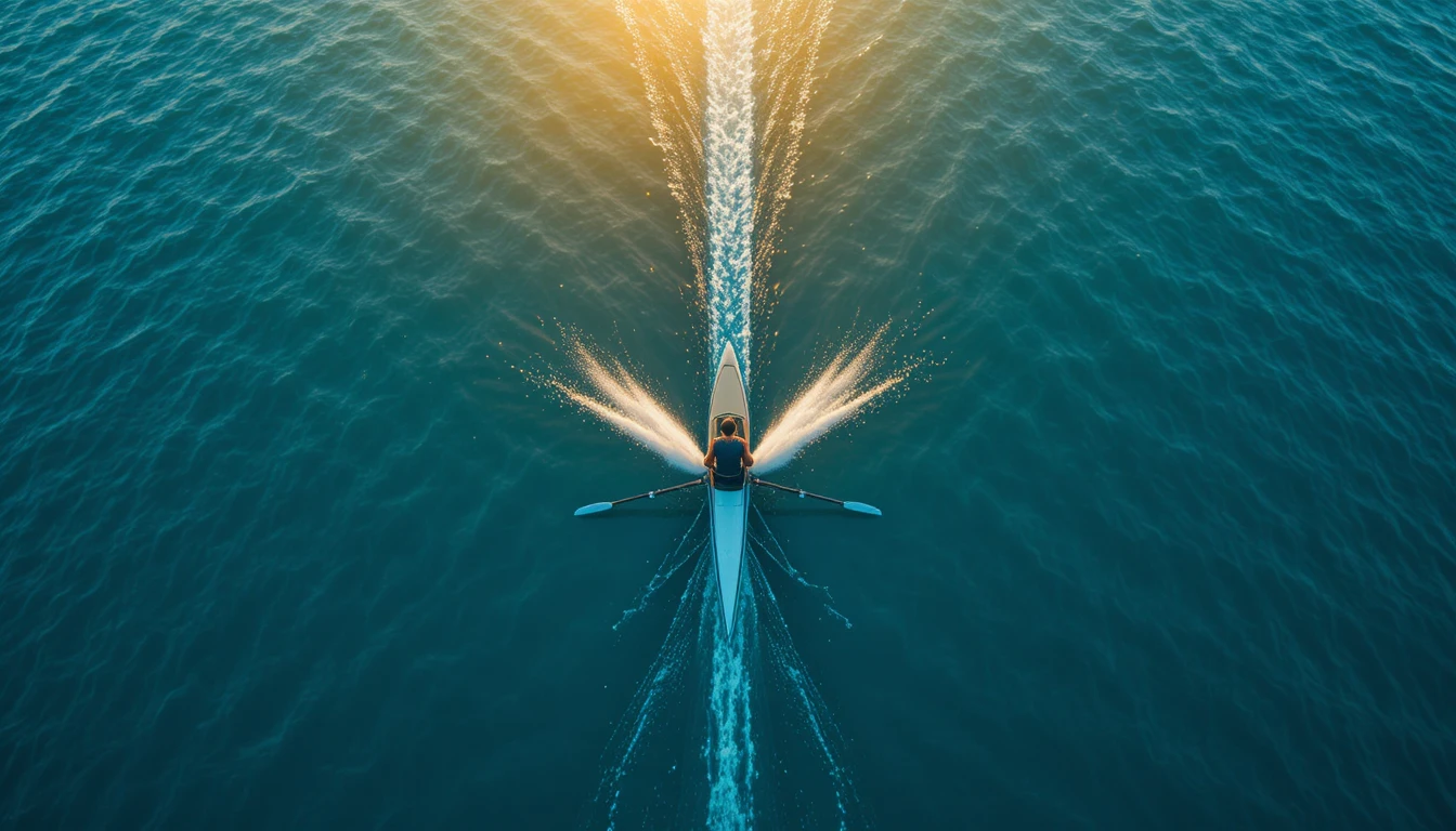 Aerial view of single scull rower on turquoise lake