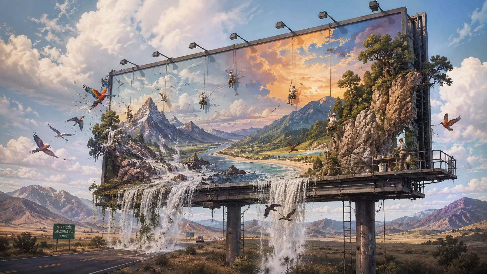 Highway billboard transforming into living painted landscapes