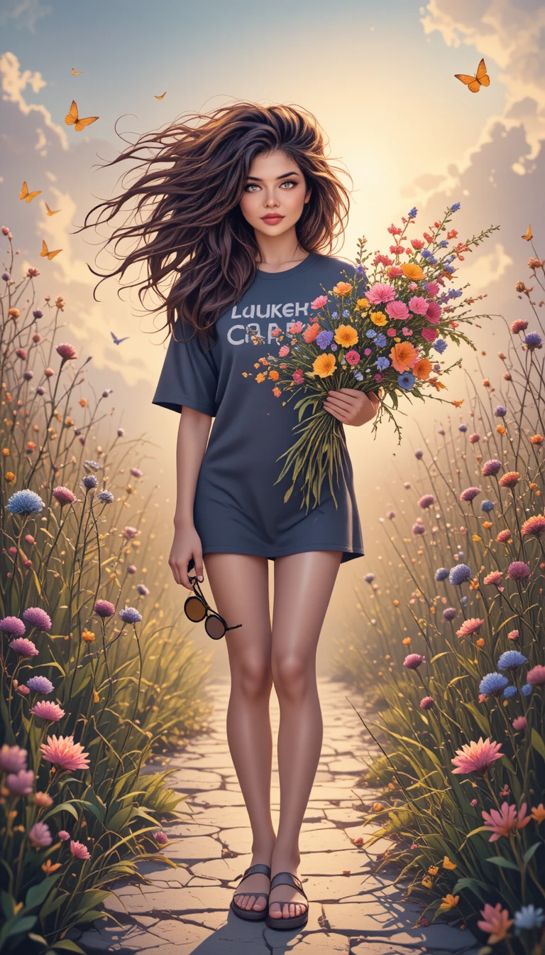 Jovem mulher com flores em um caminho de jardim banhado pelo sol