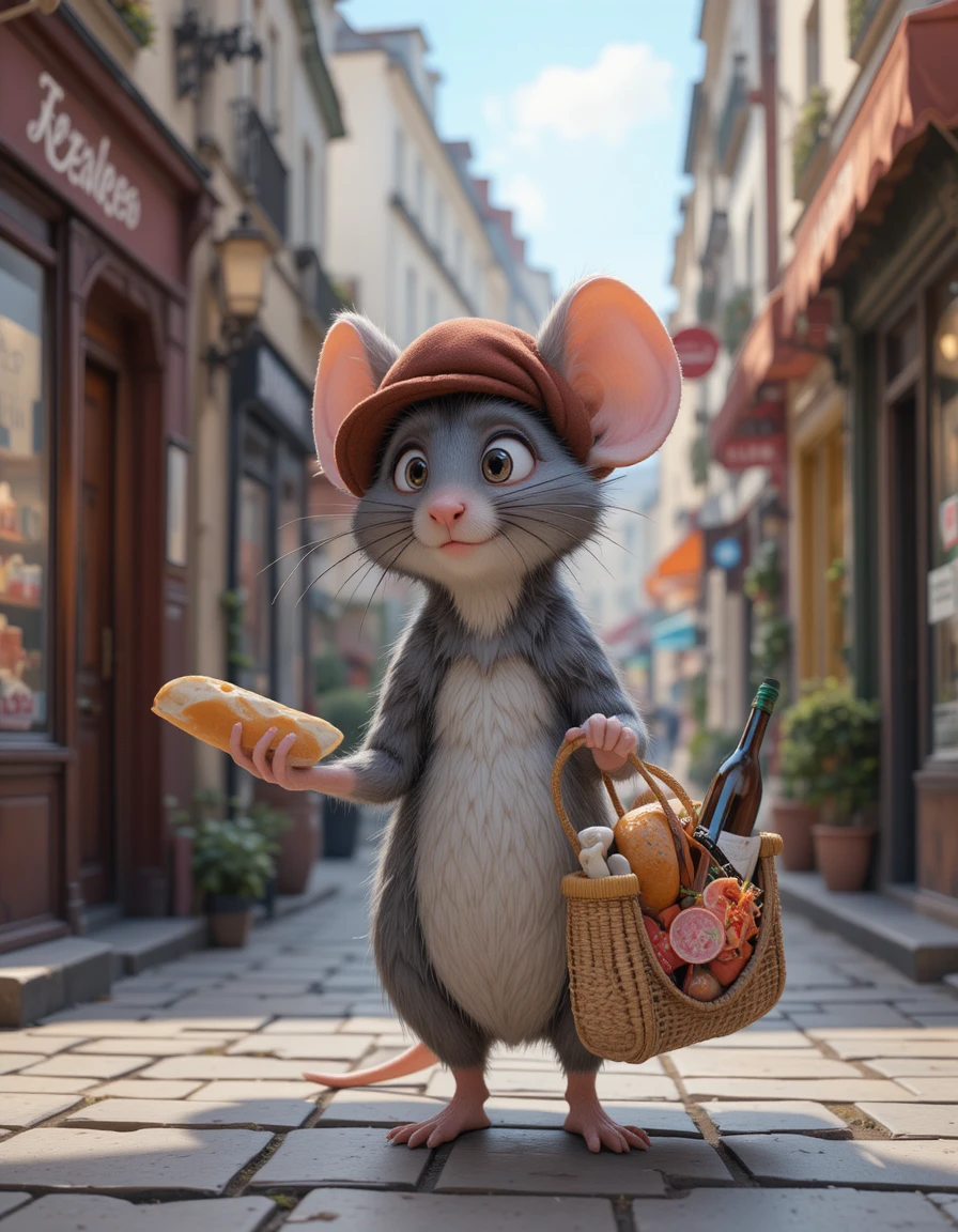 Kleine Maus mit Barett beim Einkaufen in einer Pariser Straße