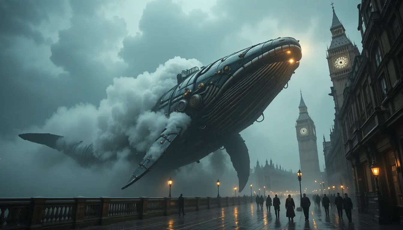 Colossal mechanical whale airship over misty Victorian London