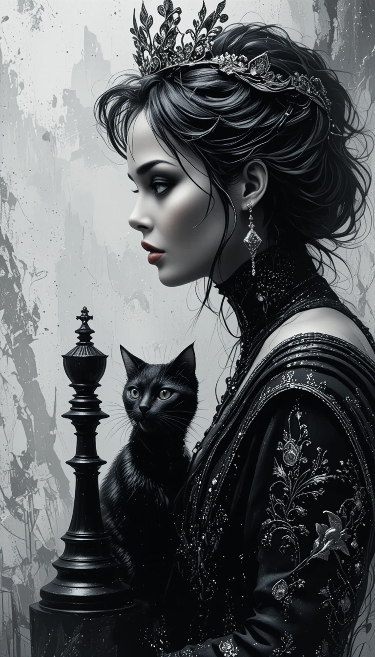 Jovem rainha de perfil com gato preto e peça de xadrez