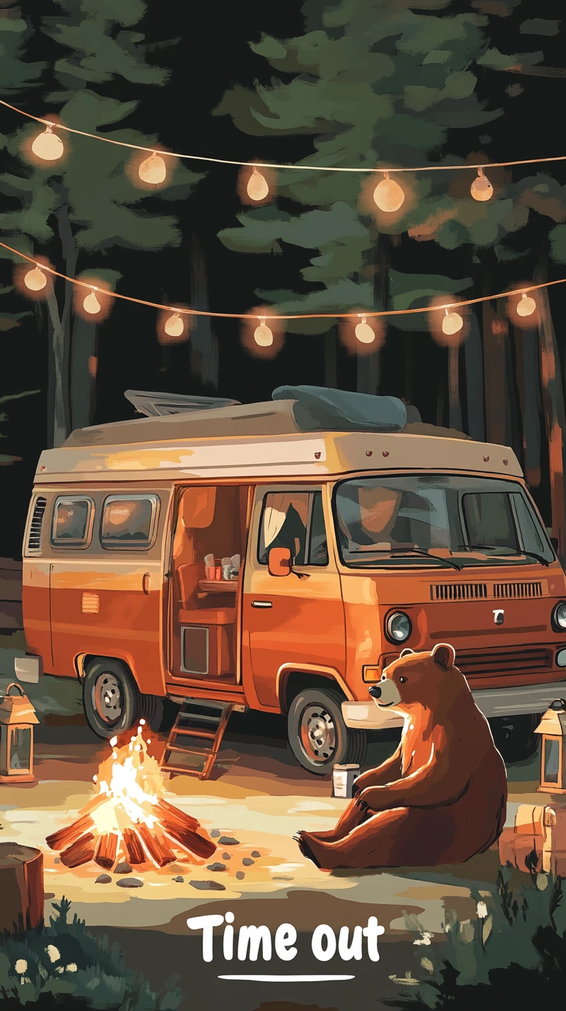 Ours brun chaleureux campant près d’un van vintage