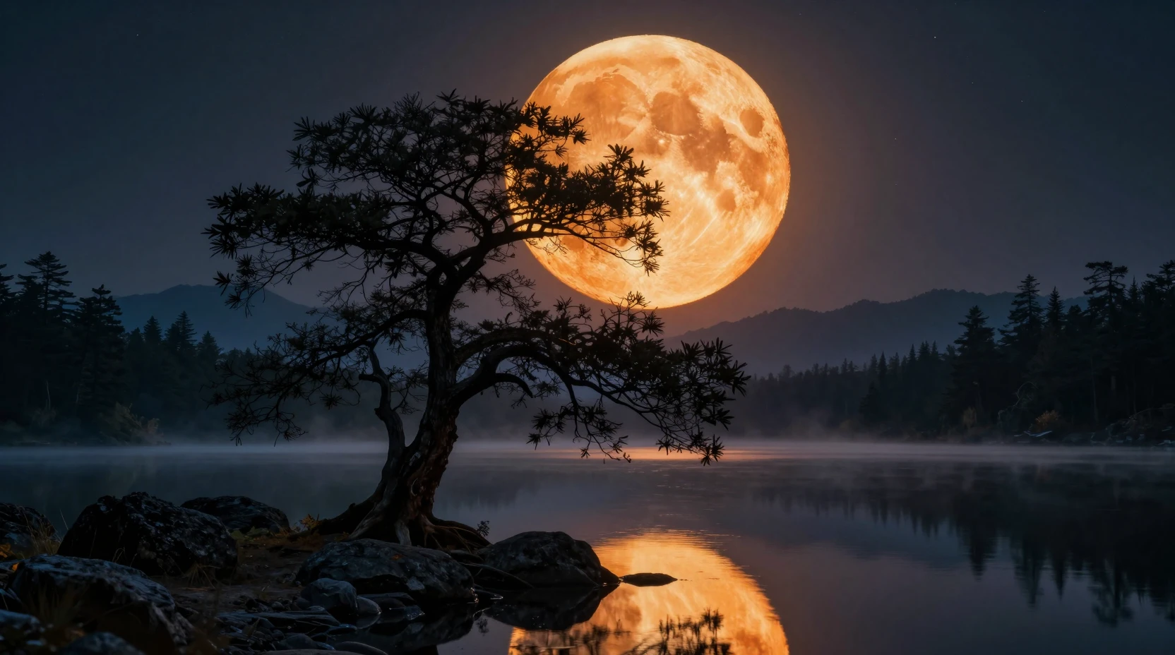 Lago noturno cinematográfico com superlua e árvore em silhueta