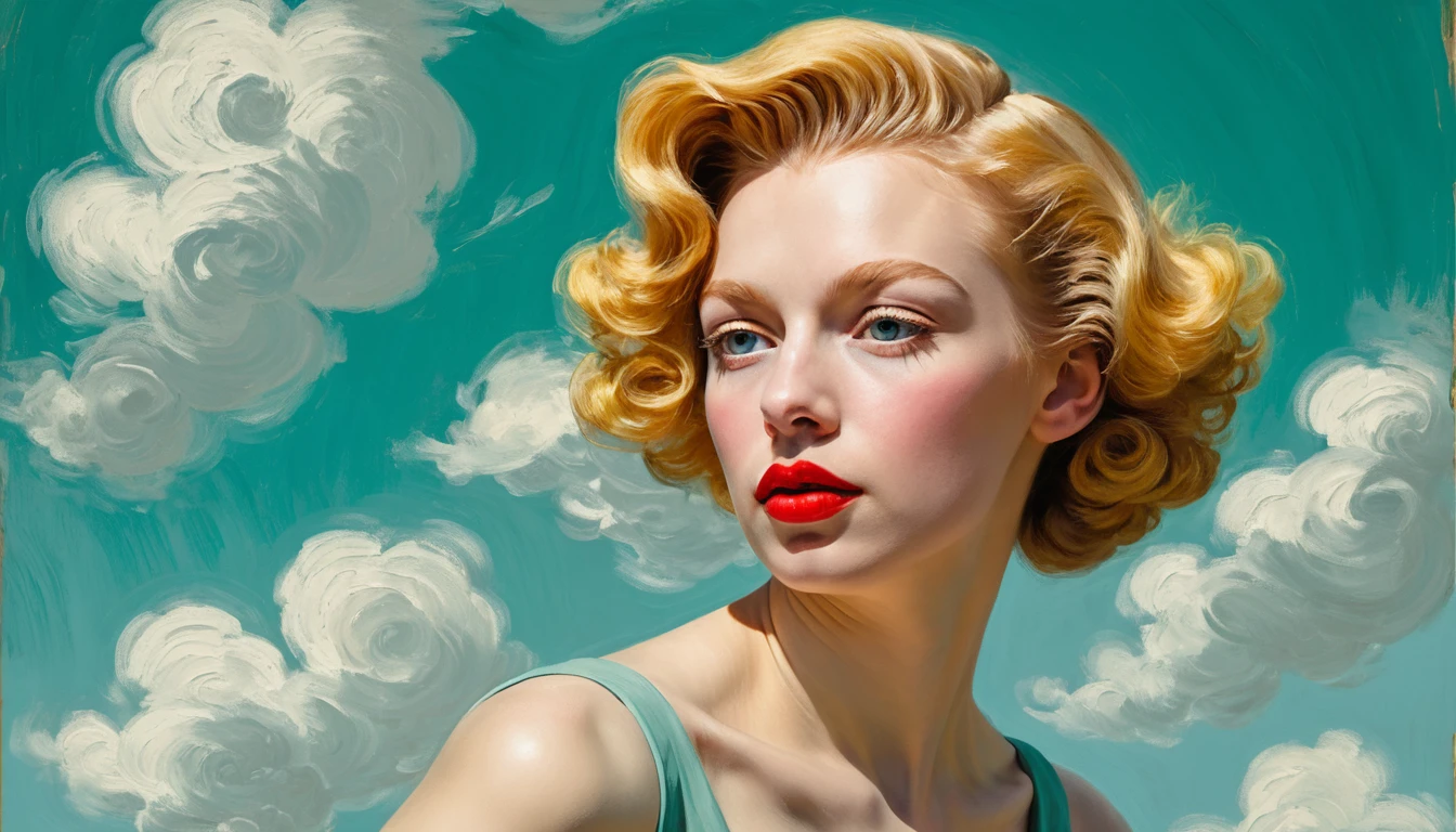 Sensual pintura a óleo pin-up dos anos 1950 de mulher loura reclinada