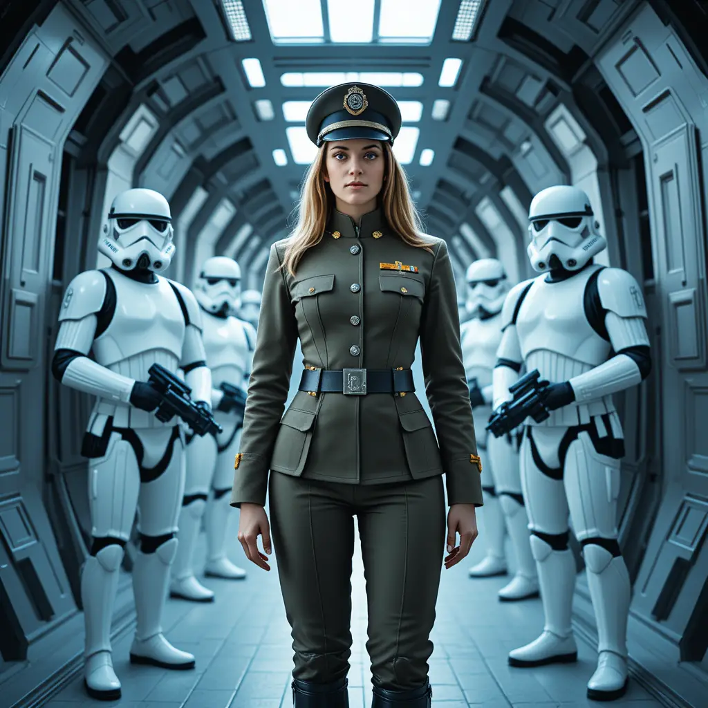 Officier impérial commandant des stormtroopers dans un couloir métallique
