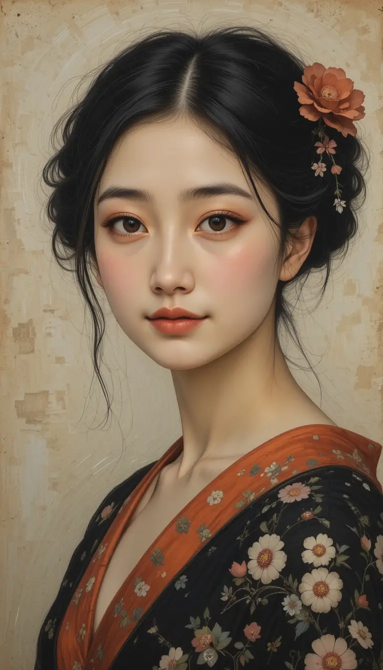 微笑日本女子的直式肖像畫