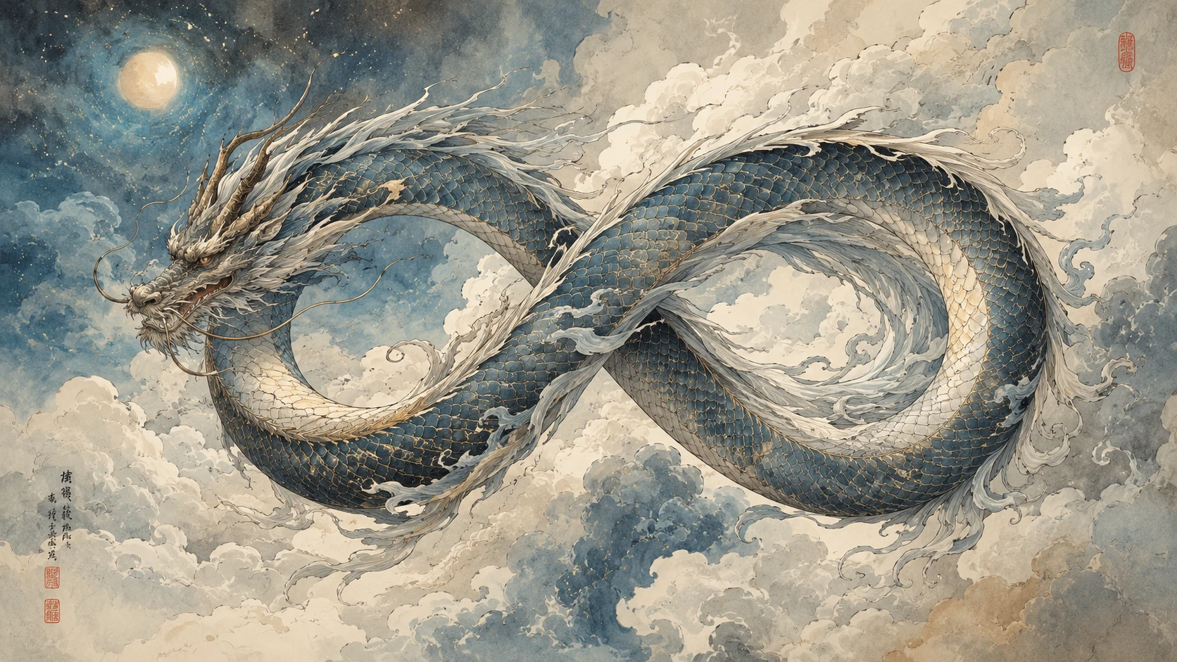 Dragão oriental em espiral entre nuvens celestiais em tinta e aquarela
