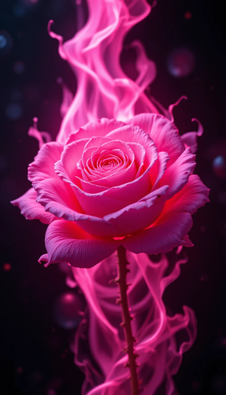 Rose rose lumineuse entourée de flammes roses réalistes