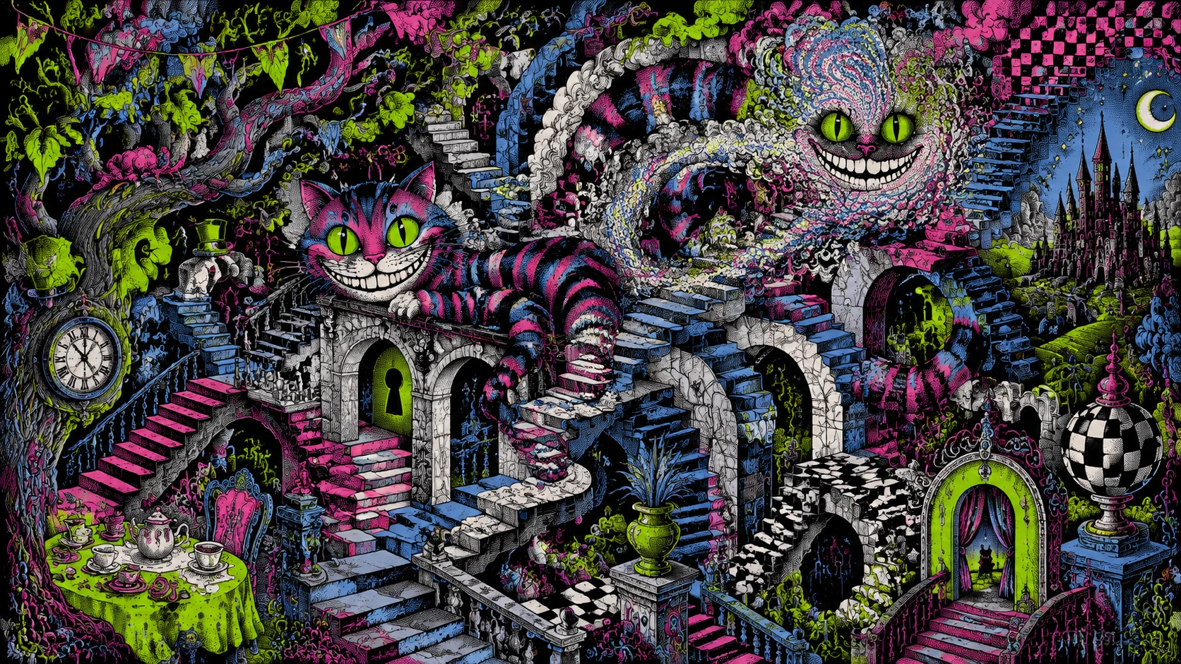 Chat fantaisiste rayé se tordant parmi des escaliers flottants surréalistes