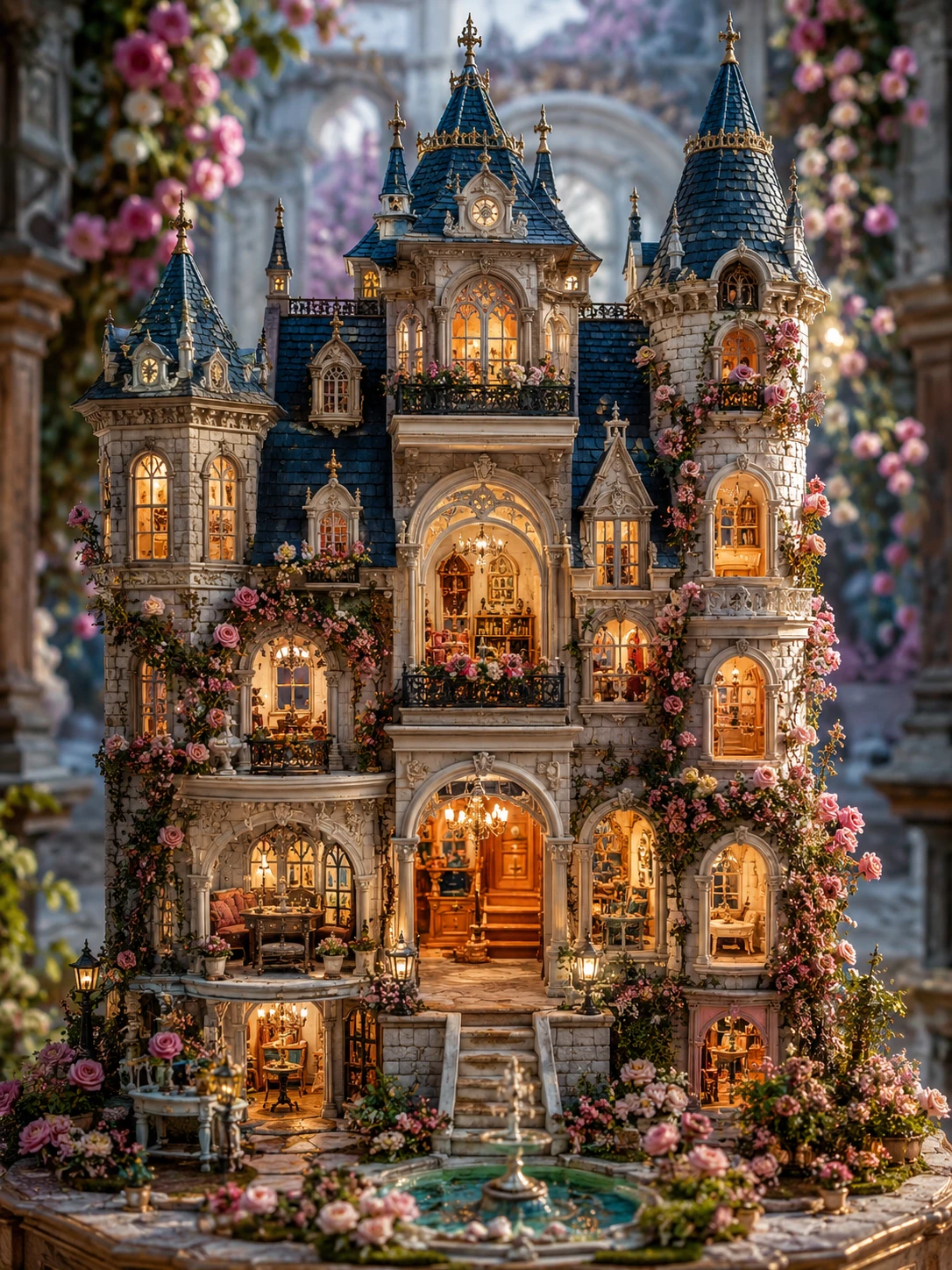 Casinha de bonecas em castelo de pedra fantasioso com flores
