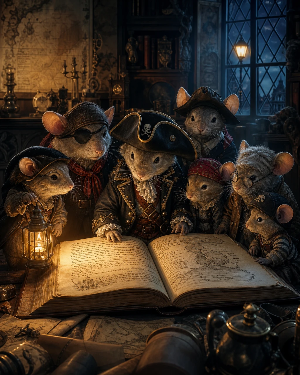 Ratos piratas se reúnem em torno de um livro antigo à noite