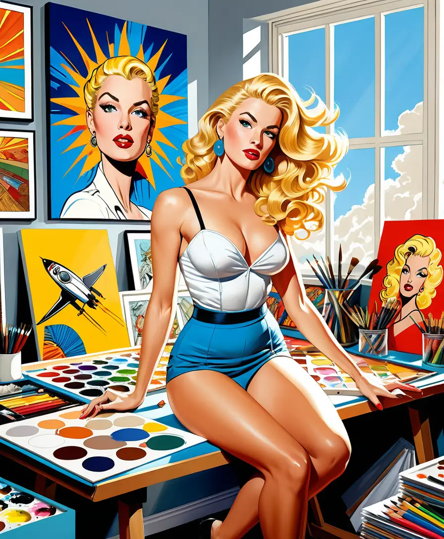 Blonde artist posing confidently in a sunlit studio