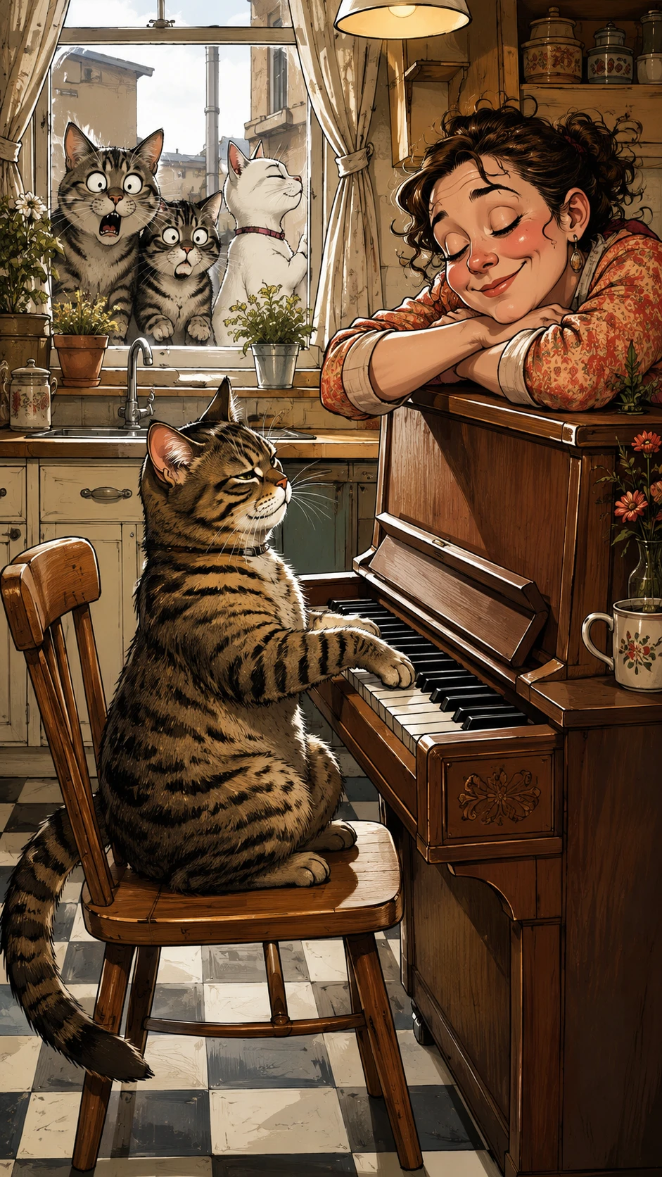 Gato rajado sério tocando piano em uma cozinha iluminada