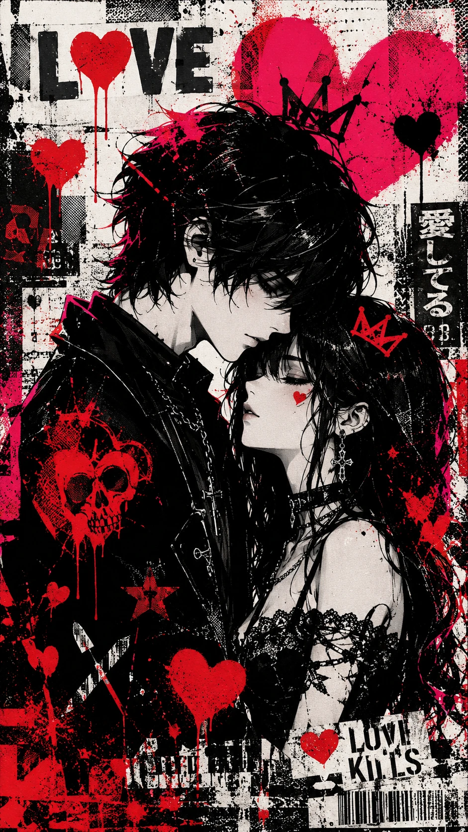 Casal de anime gótico em ousado estilo urbano pop vermelho e preto