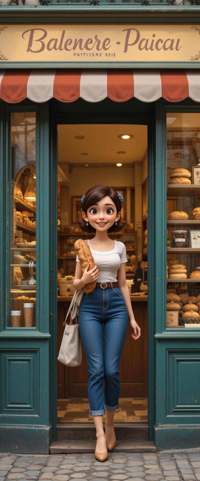 Mulher alegre saindo de uma padaria em Paris com uma baguete fresca