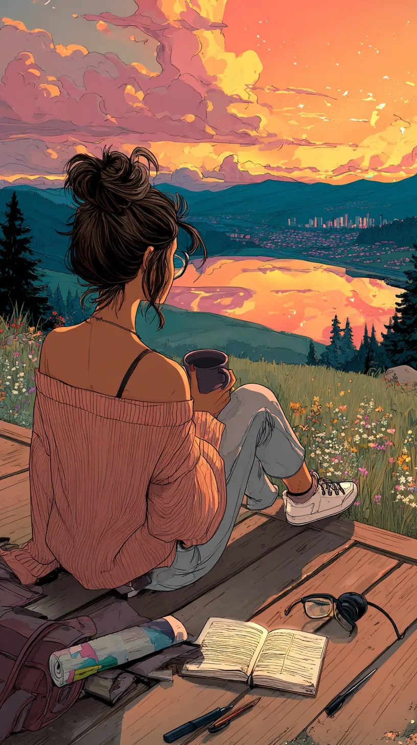 年輕女子在露台上眺望寧靜湖面上的夕陽