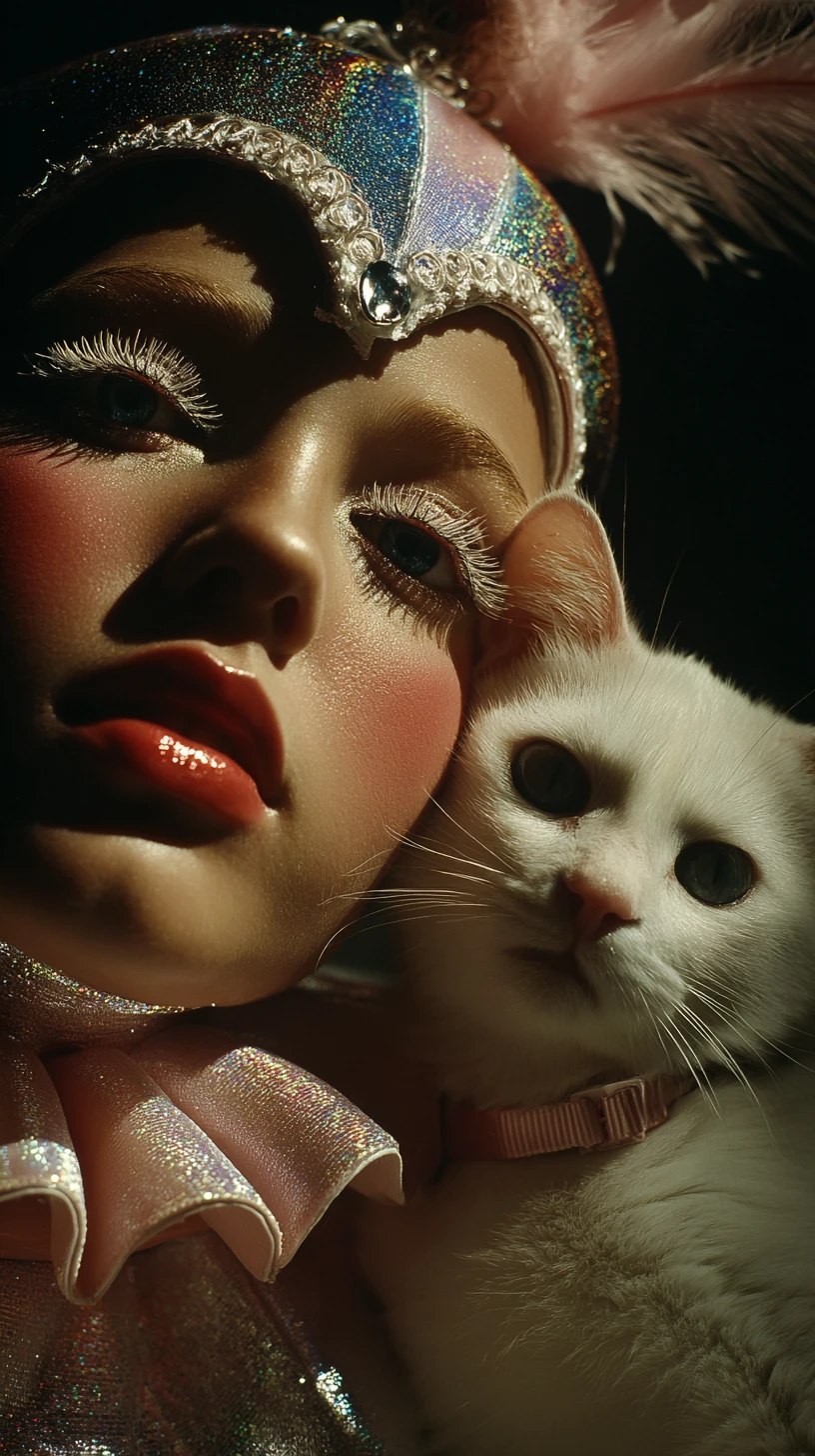 Femme de carnaval futuriste avec un chat blanc en portrait rapproché