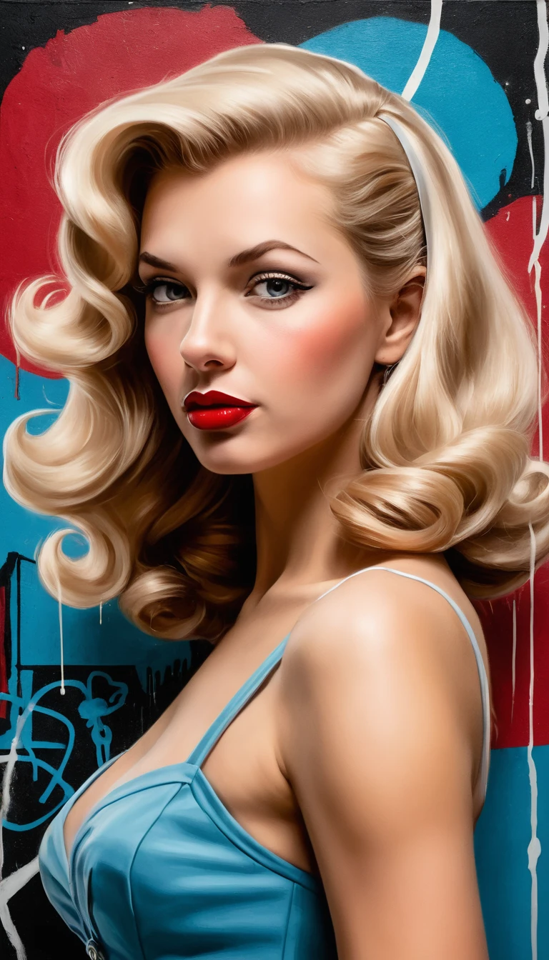 Sedutora pin-up loira sobre tecido rosa suave