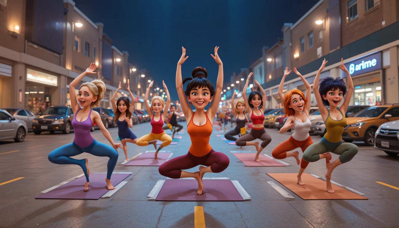 Exzentrische Charaktere machen verspieltes Yoga auf einem Ladenparkplatz