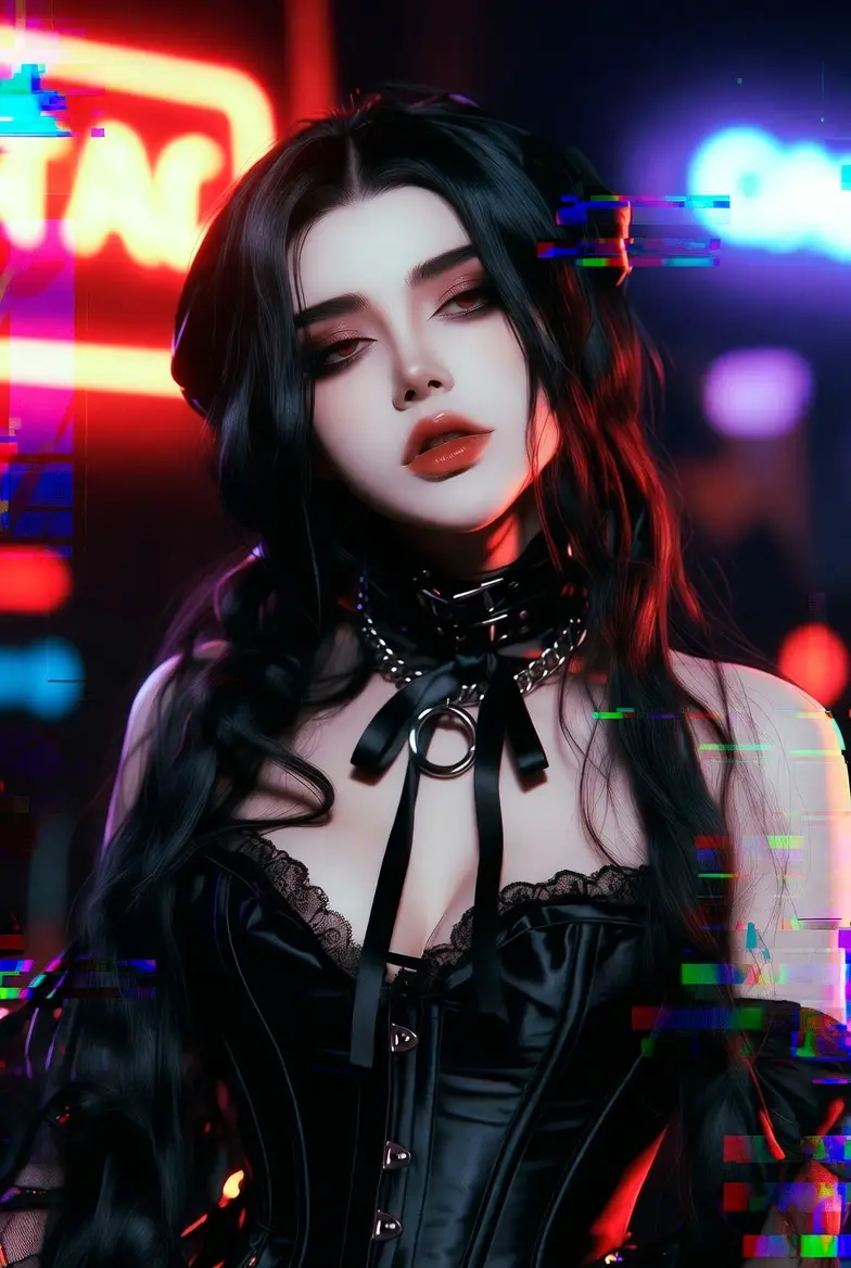 Mulher vampira gótica de espartilho com estética neon glitch