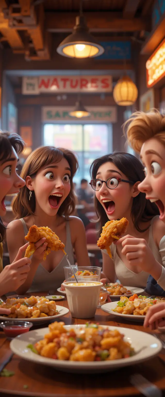 Amici giocherelloni che mangiano pollo fritto tutto sporco in un ristorante luminoso