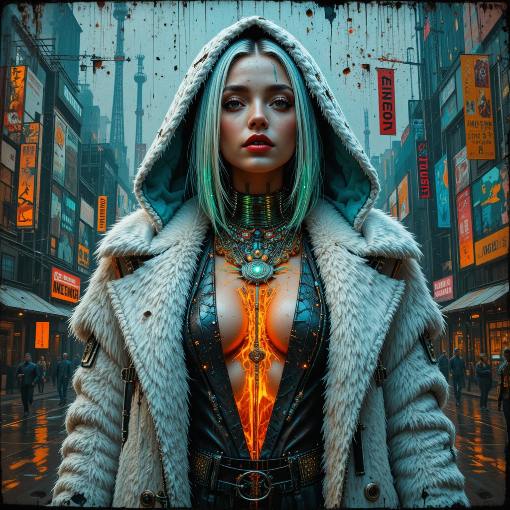 Cyberpunk fashion woman as a monumental street art mural