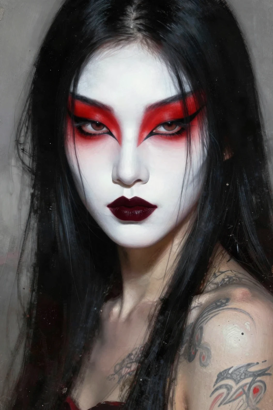 Intense close up of girl with theatrical red eye makeup