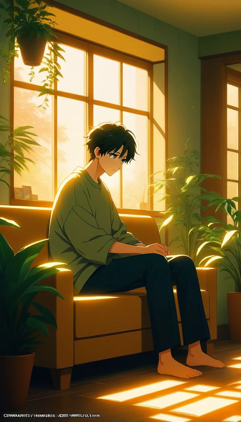 Homem de anime melancólico no sofá em sala de estar ao pôr do sol