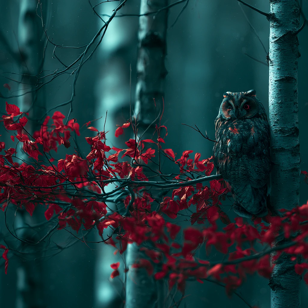 Eule ruht unter Sternen in einem stillen Herbstwald