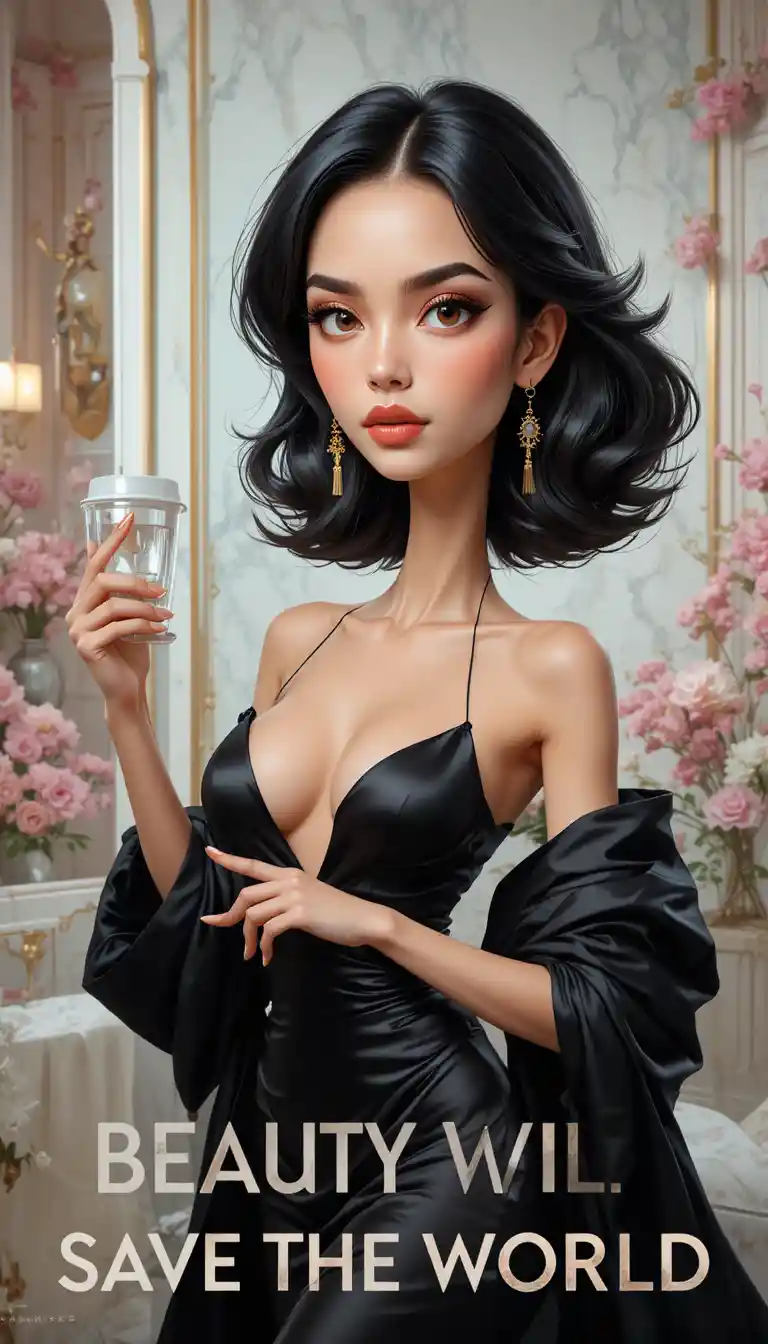 Donna carismatica in caricatura di moda con ironico slogan sulla bellezza