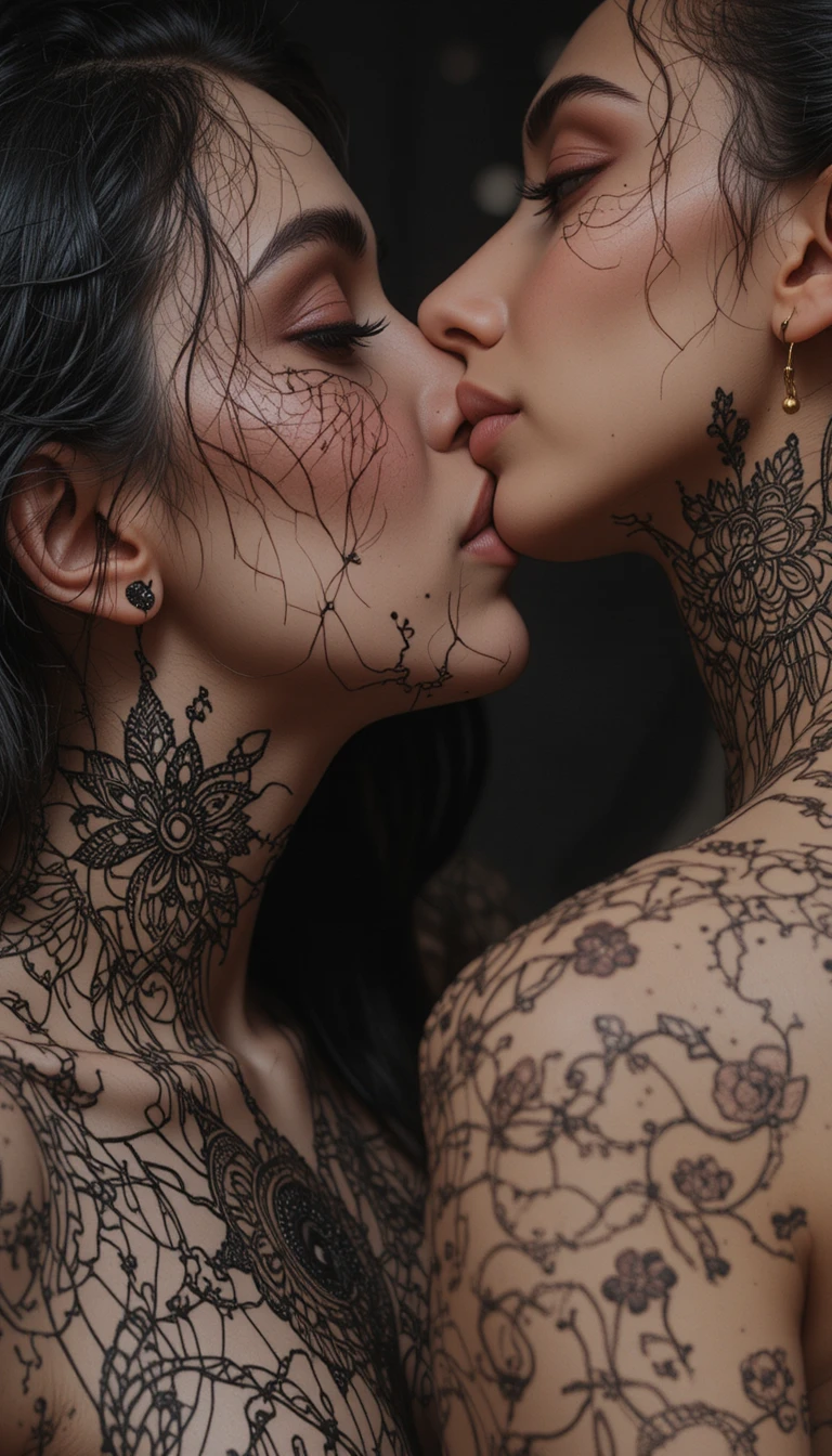 Close-up sensual de duas mulheres se beijando no pescoço