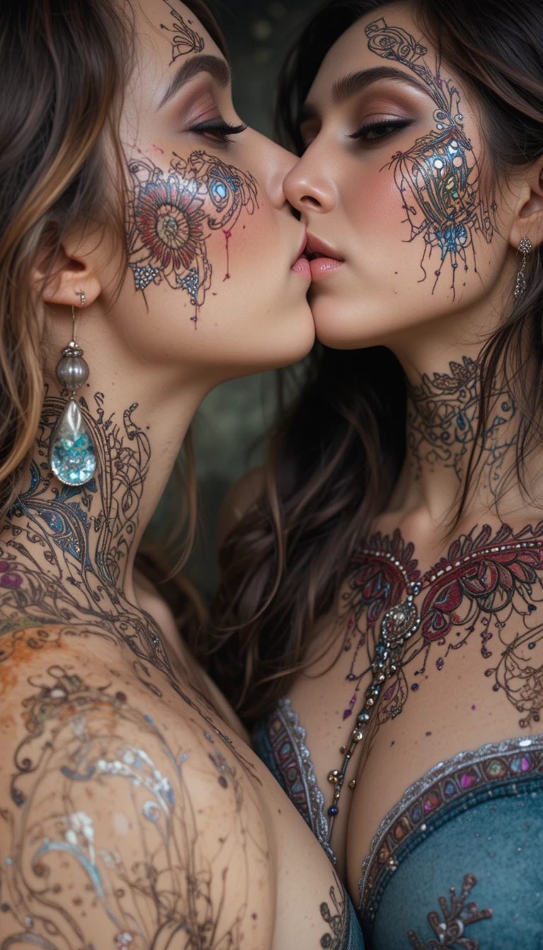 Close sensual de duas mulheres se beijando com henna tribal arco-íris