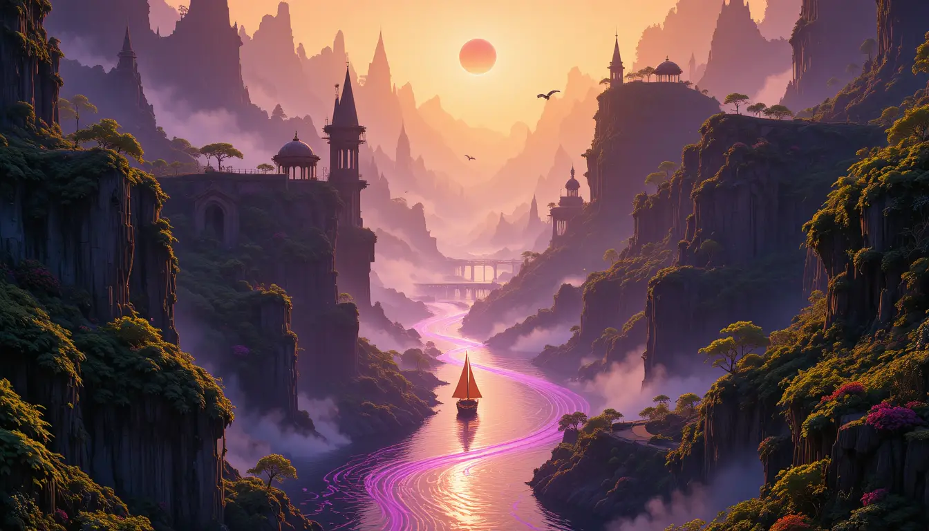 超現實山脈景觀中的魔幻河上帆船