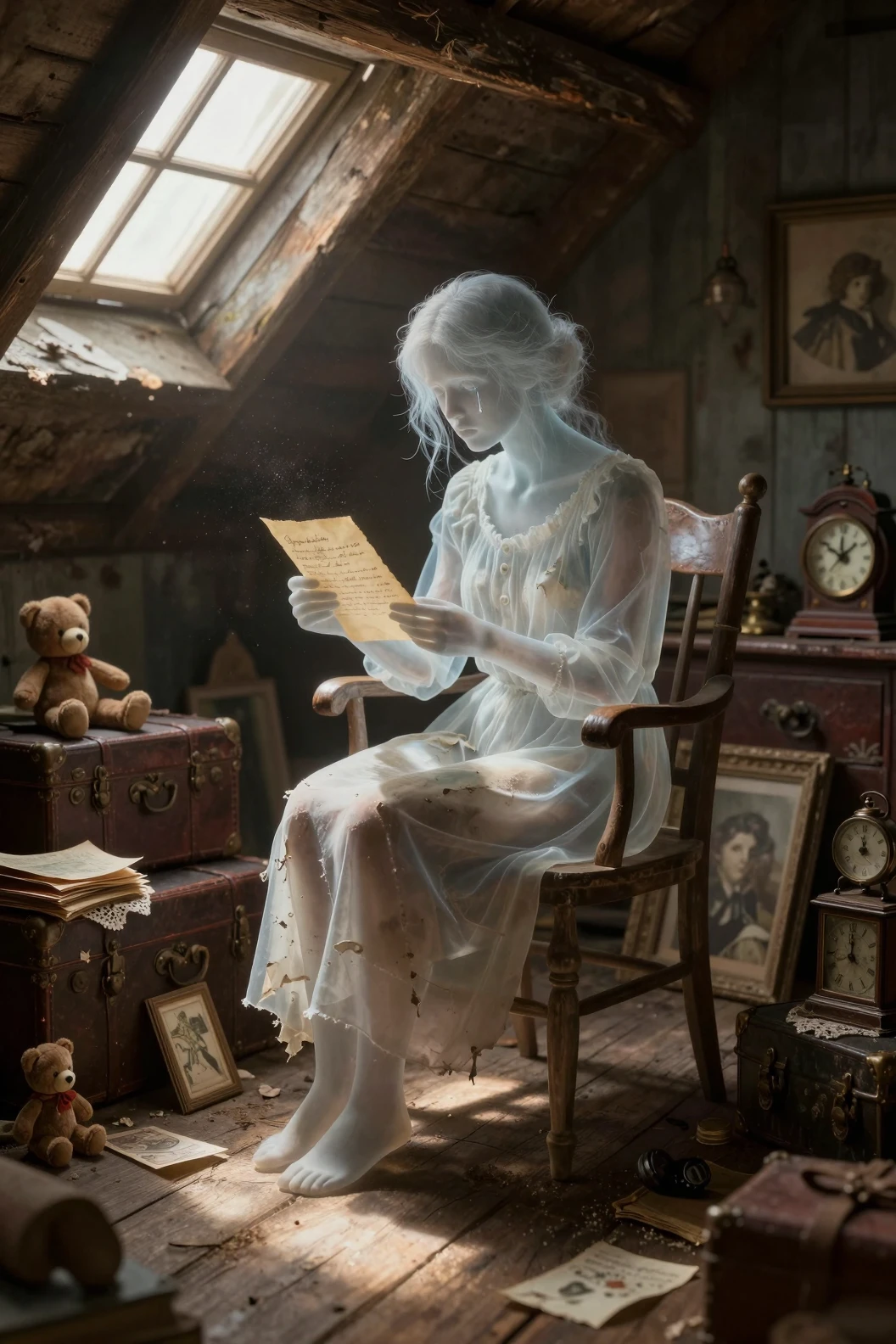 Ghostly woman reading a letter in a dusty attic