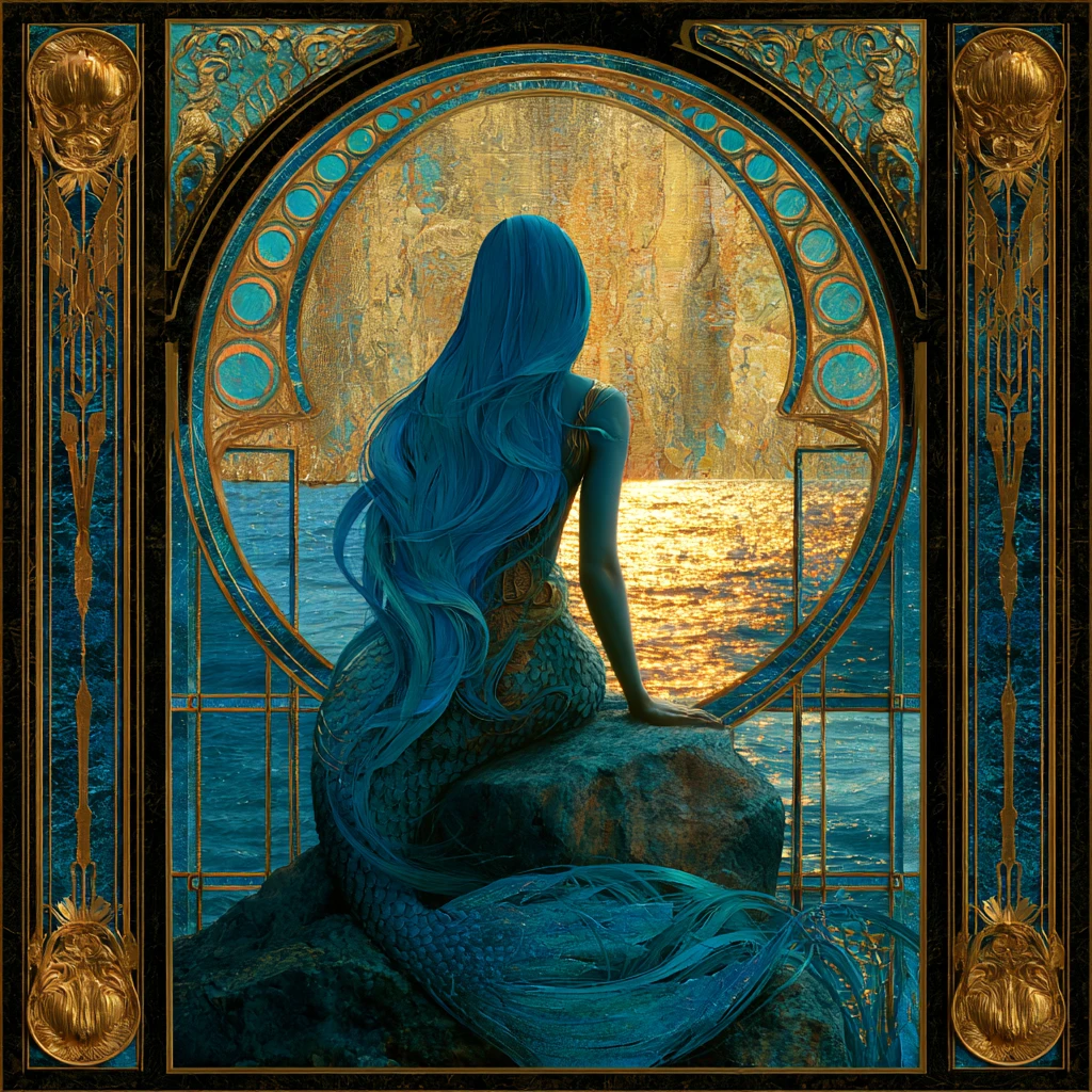Sirenetta dai Lunghi Capelli Blu che Osserva un Mare Baciato dal Sole
