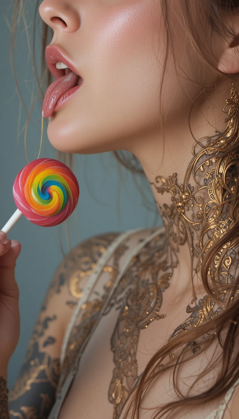 Close sensual de mulher lambendo um pirulito arco-íris